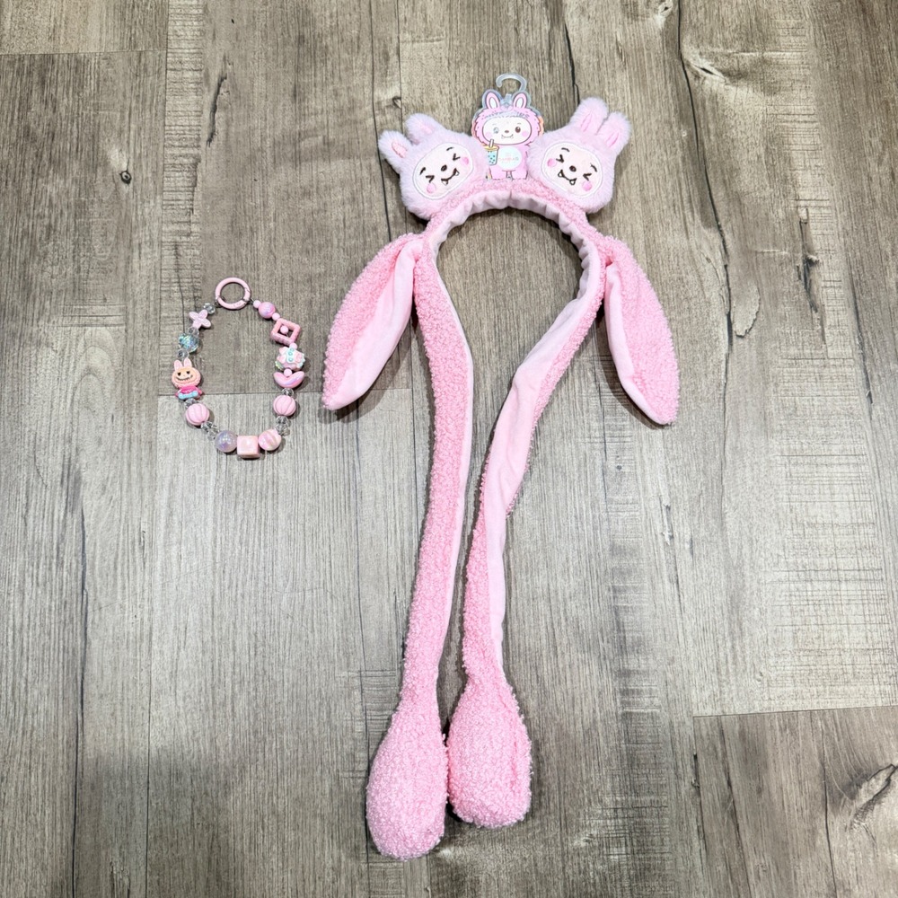NEW Pink Moving Ears Headband and Beaded keychain Set Accessory